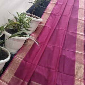 Handcrafted Rani Pink Kota Doria Saree with Elegant Banarasi Gold Zari Border