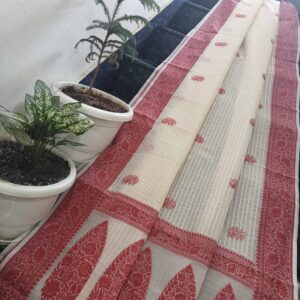 Graceful Ivory Kota Doria Saree with Deep Red Resham Border & Delicate Buti Embroidery