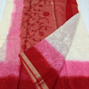 Radiant Crimson & Blush Ombre Pure Kota Doria Saree with Floral Hand Embroidery & Gold Border