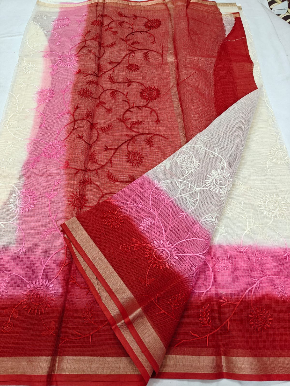 Radiant Crimson & Blush Ombre Pure Kota Doria Saree with Floral Hand Embroidery & Gold Border