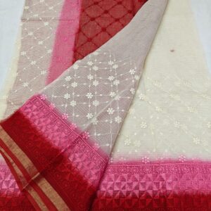 Graceful Ivory to Ruby Pink Ombre Pure Kota Doria Saree with Floral Hand Embroidery & Rich Zari Border