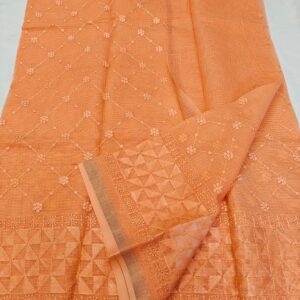 Elegant Peach Pure Kota Doria Saree with Floral Lattice Hand Embroidery & Woven Geometric Border