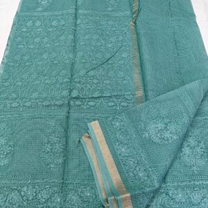 Elegant Teal Green Pure Kota Doria Saree with Intricate Paisley & Floral Hand Embroidery and Subtle Zari Border