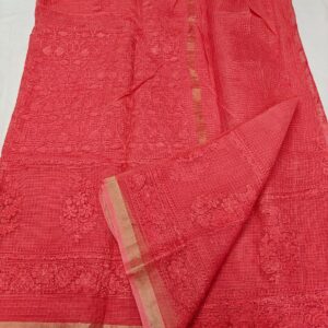 Elegant Coral Red Pure Kota Doria Saree with Intricate All-Over Hand Embroidery & Subtle Zari Border