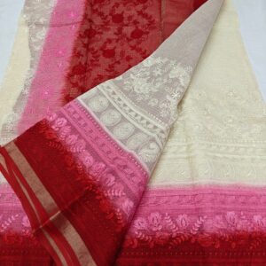 Elegant Ivory to Rose Pink & Ruby Red Ombre Pure Kota Doria Saree with Floral Hand Embroidery & Designer Zari Border