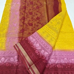 Vibrant Yellow to Wine Pink Ombre Pure Kota Doria Saree with Floral Hand Embroidery & Rich Zari Border