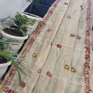 Premium Cream Mul Chanderi Silk Saree with Multicolor Floral Hand Embroidery & Running Blouse Piece