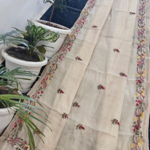 Elegant Cream Mul Chanderi Silk Saree with Floral Hand Embroidery & Running Blouse Piece