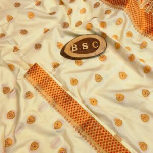 Graceful Ivory Assam Silk Saree with Vermilion Red & Gold Handwork Border with Blouse Piece