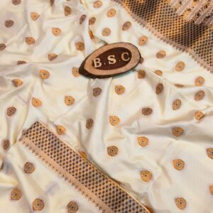 Royal Ivory Assam Silk Saree with Navy Blue & Antique Gold Handwork Border with Blouse Piece