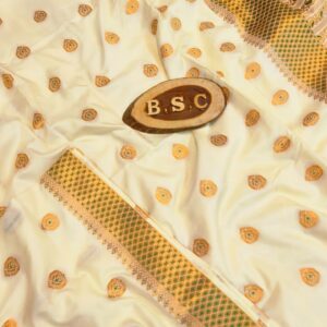 Elegant Ivory Assam Silk Saree with Emerald Green & Gold Handwork Border with Blouse Piece