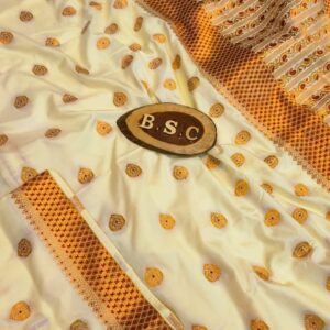 Elegant Ivory Assam Silk Saree with Mustard Gold Handwork Border & Blouse Piece