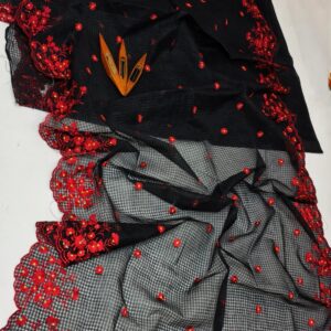 Elegant Black Kota Doria Saree with Red Floral Cutwork Hand Embroidery | Designer Party Wear Saree for Women
