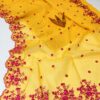 Radiant Yellow Kota Doria Saree with Pink Floral Cutwork Hand Embroidery | Designer Festive Wear Saree for Women