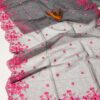 Elegant Smoky Grey Kota Doria Saree with Pink Floral Cutwork Hand Embroidery | Designer Party Wear Saree for Women