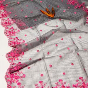 Elegant Smoky Grey Kota Doria Saree with Pink Floral Cutwork Hand Embroidery | Designer Party Wear Saree for Women