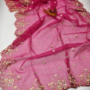 Royal Rani Pink Kota Doria Saree with Golden Floral Cutwork Hand Embroidery | Designer Festive Wear Saree for Women