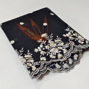 Elegant Black Kota Doria Saree with White Floral Cutwork Hand Embroidery | Designer Party Wear Saree for Women