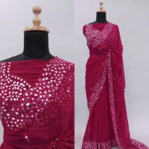 Rani Pink Pure Chiffon Handcrafted Stone Work Bridal Bollywood Party Wear Saree with Designer Blouse Piece
