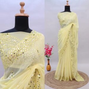Lemon Yellow Pure Chiffon Handcrafted Stone Work Bridal Bollywood Party Wear Saree with Designer Blouse Piece