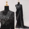 Classic Black Pure Chiffon Handcrafted Stone Work Bridal Bollywood Party Wear Saree with Designer Blouse Piece