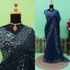 Midnight Navy Blue Pure Chiffon Handcrafted Stone Work Bridal Bollywood Party Wear Saree with Designer Blouse Piece
