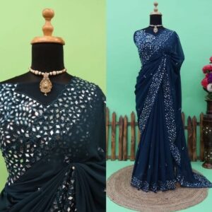 Midnight Navy Blue Pure Chiffon Handcrafted Stone Work Bridal Bollywood Party Wear Saree with Designer Blouse Piece