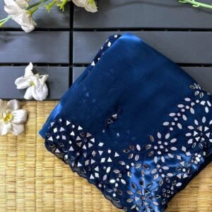 Royal Navy Blue Pure Chiffon Handcrafted Stone Work Bridal Bollywood Party Wear Saree with Designer Blouse Piece