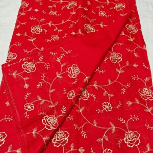 Ruby Red Kota Soft Silk Saree with Floral Hand Embroidery & Plain Running Blouse