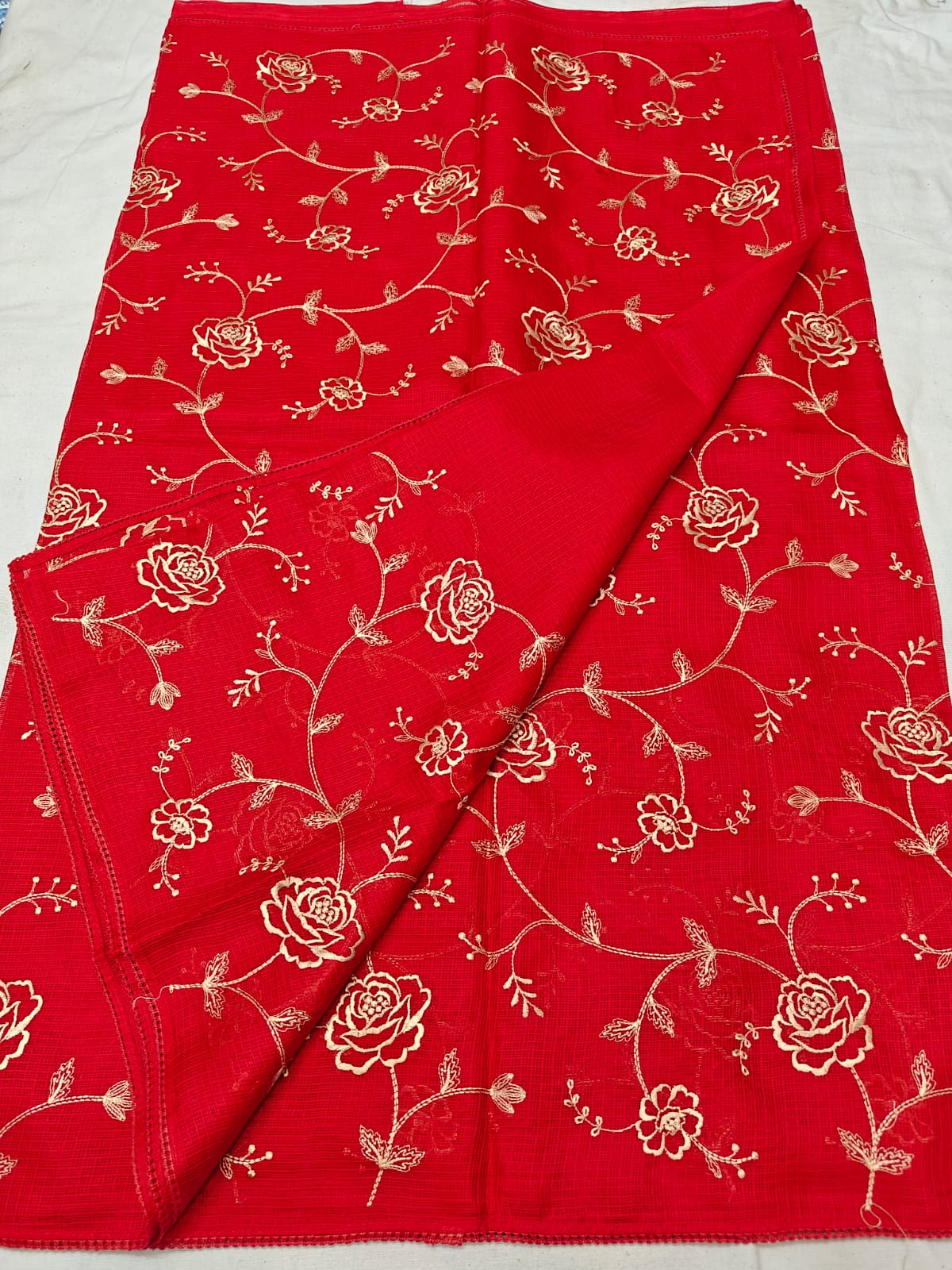 Ruby Red Kota Soft Silk Saree with Floral Hand Embroidery & Plain Running Blouse