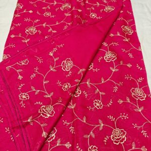 Rani Pink Kota Soft Silk Saree with Floral Hand Embroidery & Plain Running Blouse
