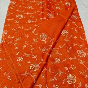 Tangerine Orange Kota Soft Silk Saree with Floral Hand Embroidery & Running Blouse