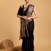 Handcrafted Classic Black Kathan Silk Saree with Antique Gold Zari Border & Royal Floral Pallu