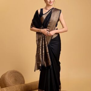 Handcrafted Classic Black Kathan Silk Saree with Antique Gold Zari Border & Royal Floral Pallu