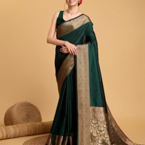 Handcrafted Emerald Green Kathan Silk Saree with Antique Gold Zari Border & Royal Floral Pallu