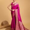 Handcrafted Rani Pink Kathan Silk Saree with Rich Golden Zari Border & Floral Designer Pallu