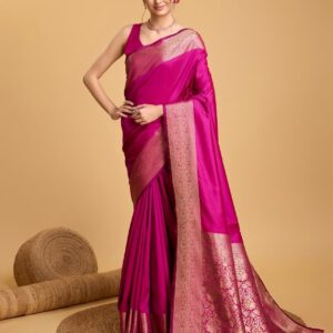 Handcrafted Rani Pink Kathan Silk Saree with Rich Golden Zari Border & Floral Designer Pallu