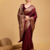 Handcrafted Deep Wine Kathan Silk Saree with Royal Golden Zari Weaving & Designer Pallu