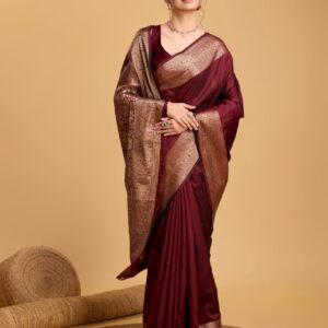 Handcrafted Deep Wine Kathan Silk Saree with Royal Golden Zari Weaving & Designer Pallu