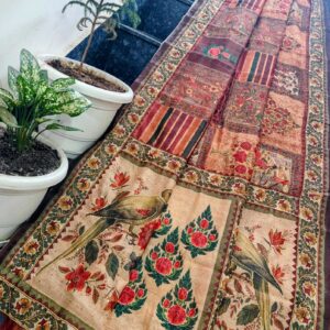 Vintage Maroon Maheshwari Silk Saree with Handcrafted Madhubani Bird Print & Kantha Work