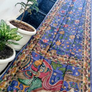 Royal Indigo Maheshwari Silk Saree with Handcrafted Madhubani Folk Art & Kantha Work