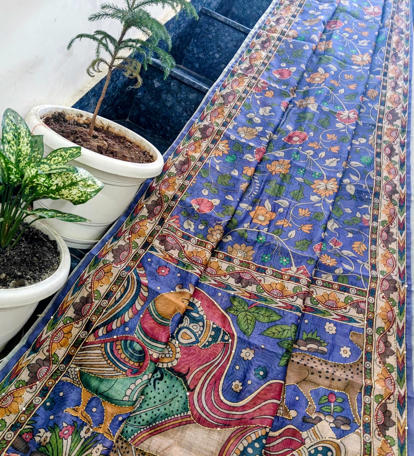 Royal Indigo Maheshwari Silk Saree with Handcrafted Madhubani Folk Art & Kantha Work