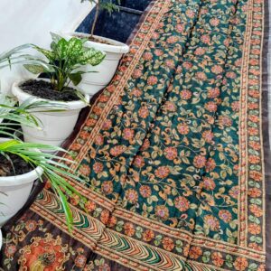 Forest Green Maheshwari Silk Saree with Handcrafted Madhubani Floral Print & Kantha Work