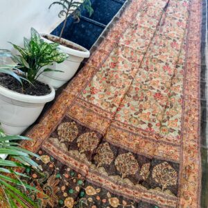 Ivory Beige Maheshwari Silk Saree with Handcrafted Madhubani Peacock Print & Kantha Work