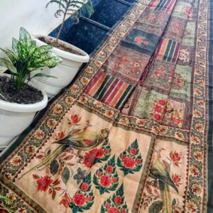 Vintage Olive Maheshwari Silk Saree with Handcrafted Madhubani Bird Print & Kantha Work