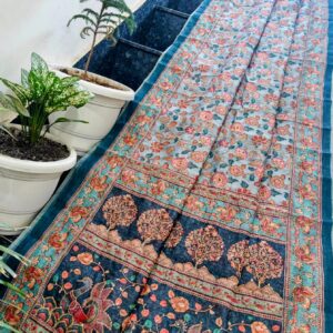Powder Blue Maheshwari Silk Saree with Handcrafted Floral Madhubani Print & Kantha Work