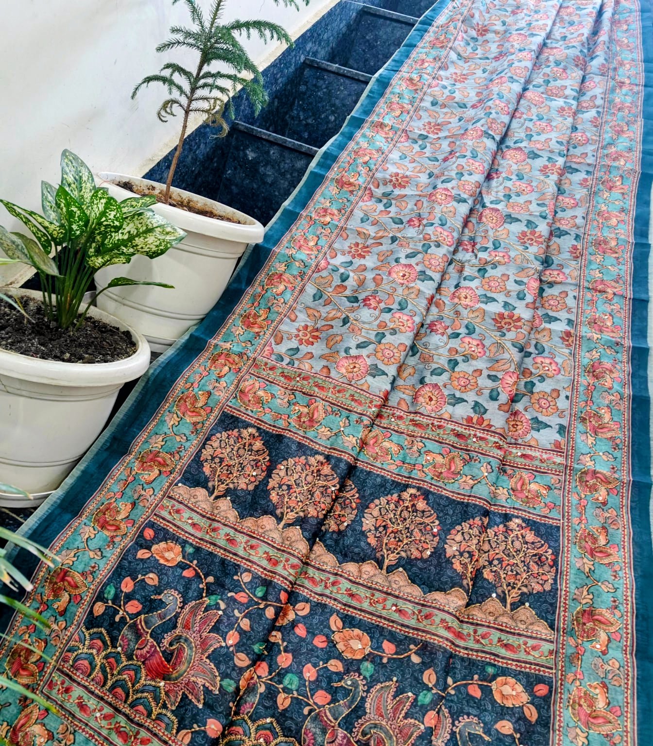 Powder Blue Maheshwari Silk Saree with Handcrafted Floral Madhubani Print & Kantha Work
