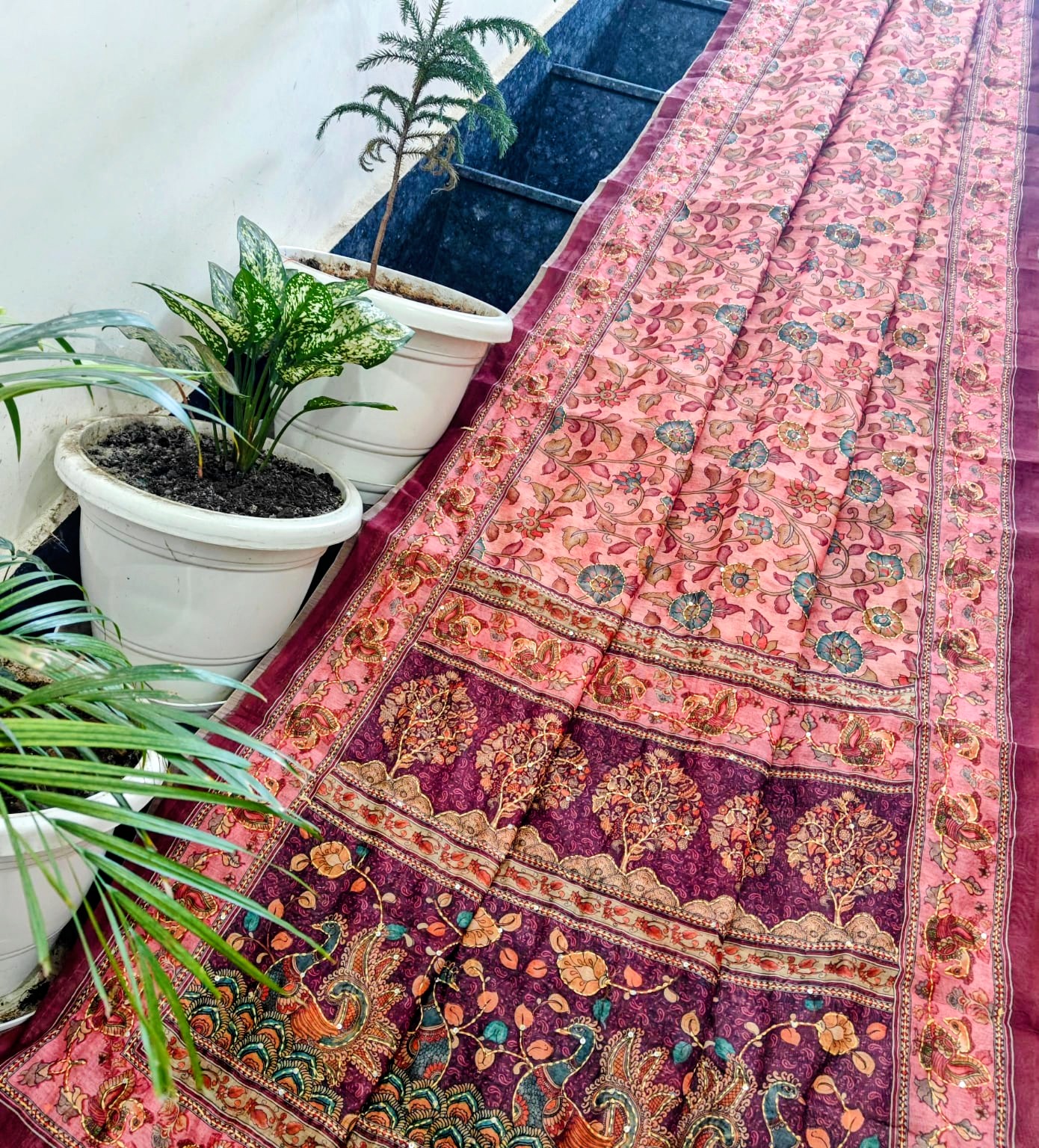 Rose Pink Maheshwari Silk Saree with Handcrafted Madhubani Peacock Print & Kantha Work