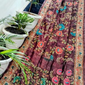 Royal Plum Maheshwari Silk Saree with Handcrafted Madhubani Floral Print & Kantha Work