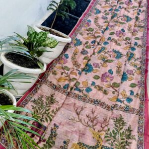 Blush Pink Maheshwari Silk Saree with Handcrafted Madhubani Deer Art & Kantha Work